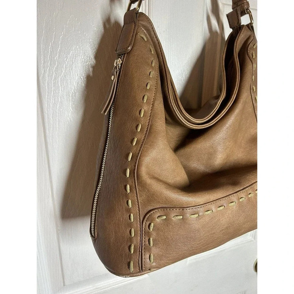 Sasha+Sofi Distressed Hobo Purse Vegan Leather in Tobacco With Stitching Detail - Picture 2 of 12